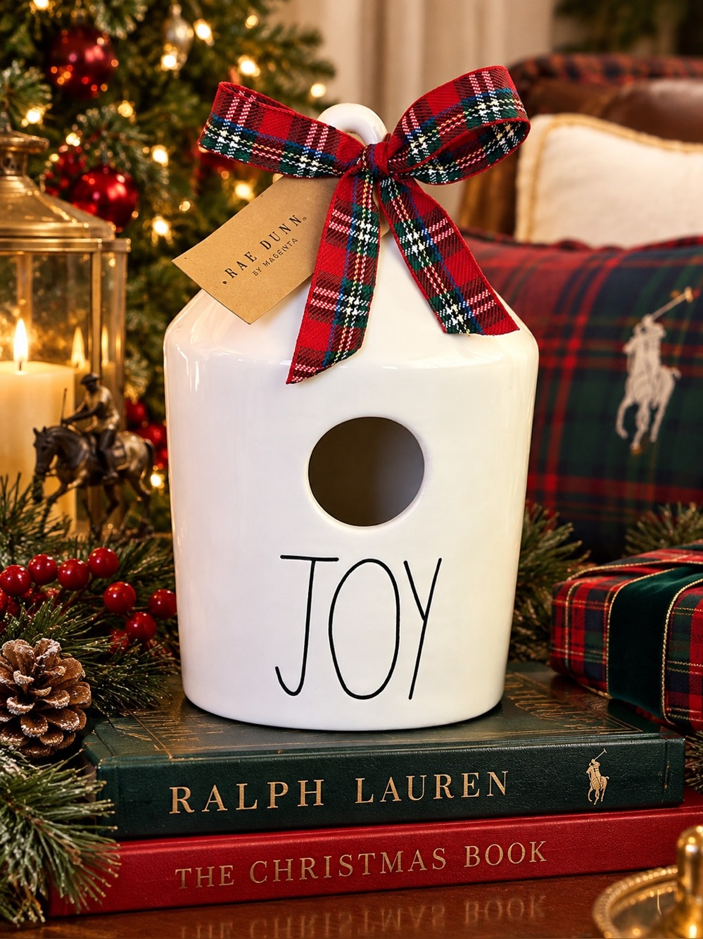 Rae Dunn “JOY” Christmas Birdhouse Red Tartan Bow Holiday Decor